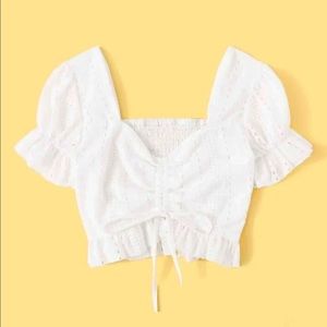 SHEIN embroidery drawstring white blouse